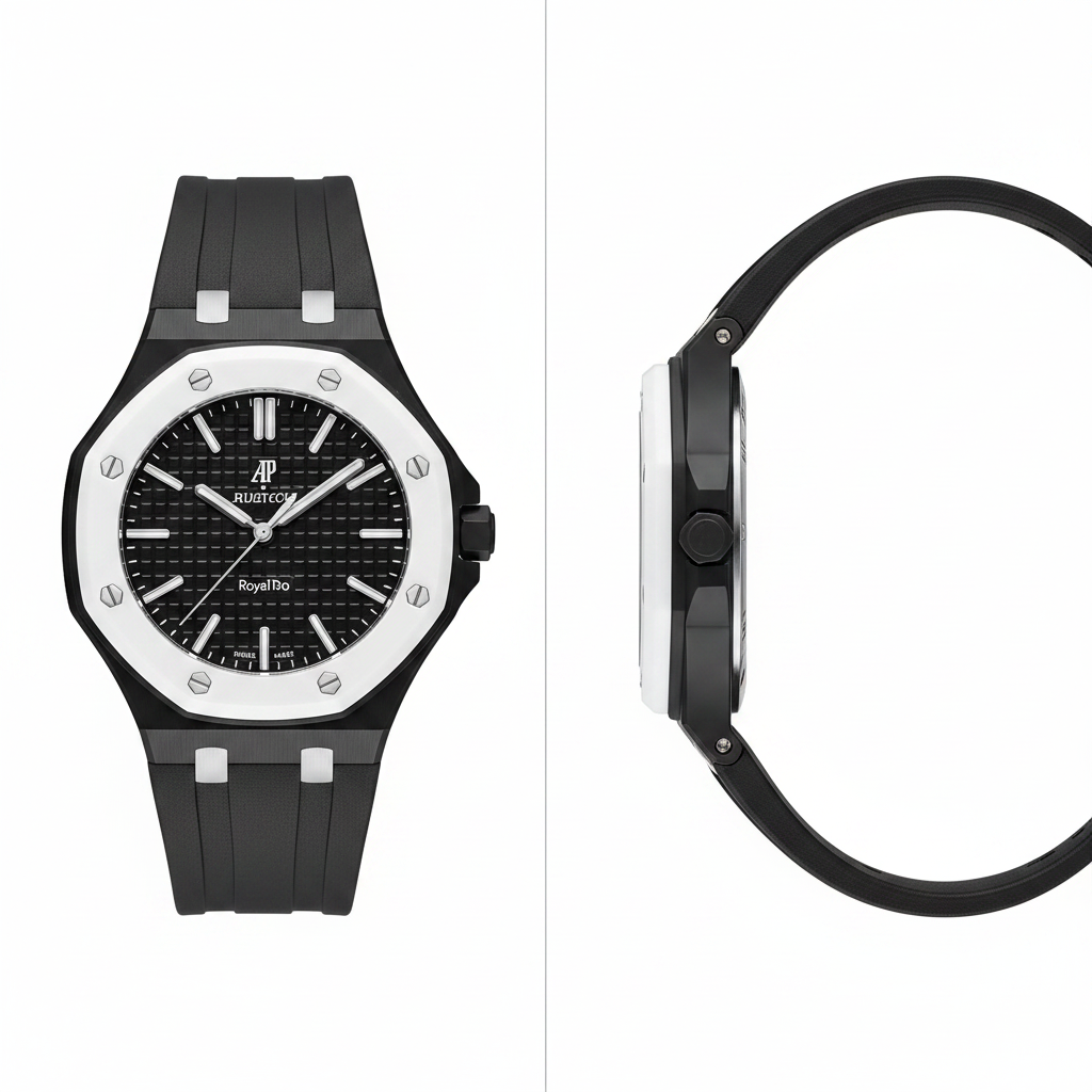 Unisex black octagonal pop watch with white bezel, solid black waffle dial, and clean black rubber strap, front and side view