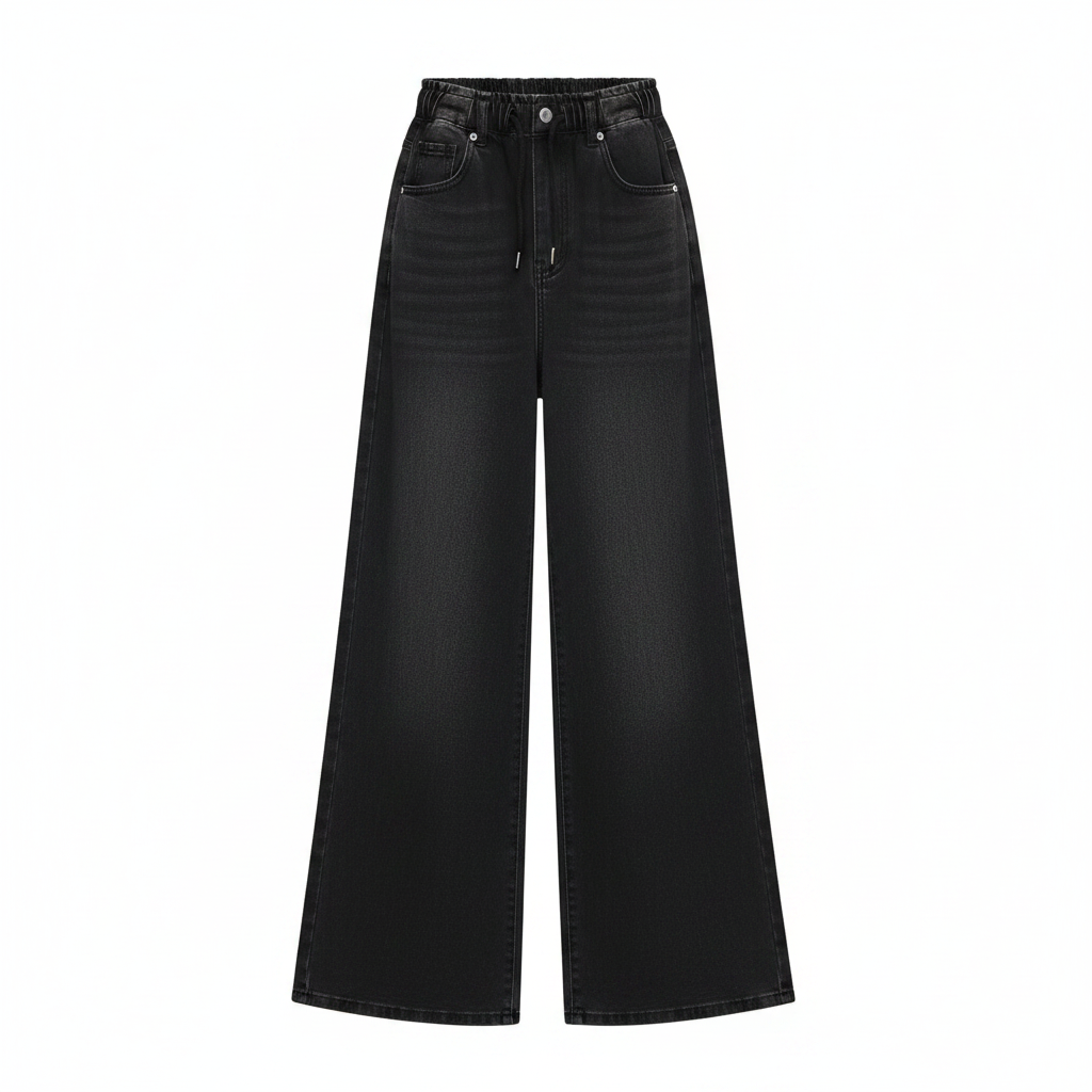 Black Drawstring High-Waist Wide-Leg Denim Jeans - Ghost Mannequin