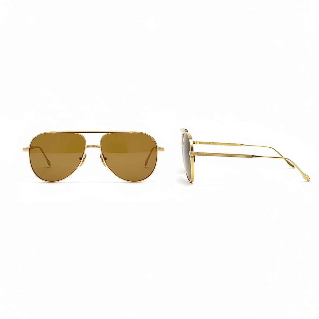 Unisex slim aviator sunglasses ornate gold double-bridge brown amber lens red nose accent ridged gold temple – front and side view