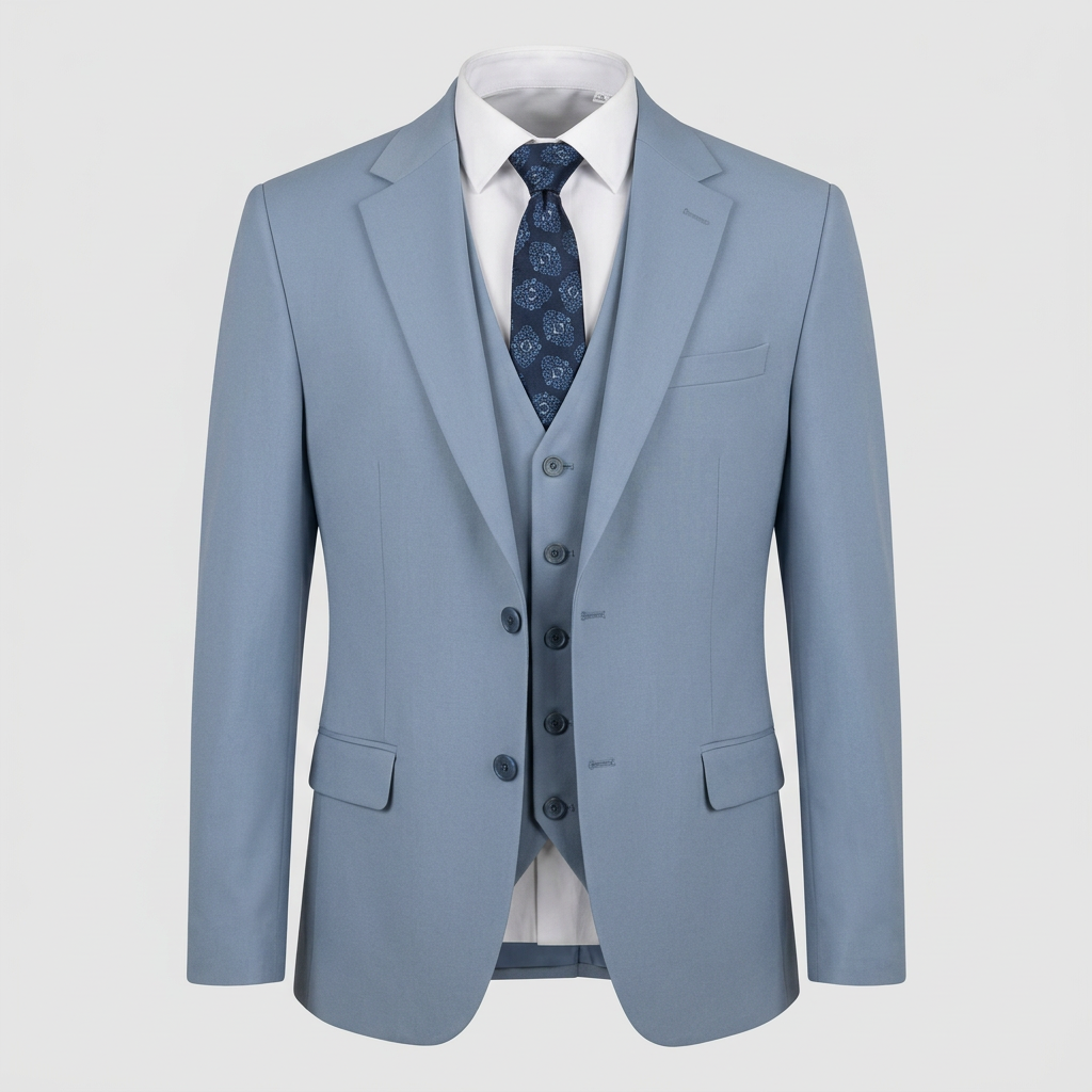 Light blue suit jacket and waistcoat in ghost mannequin styling