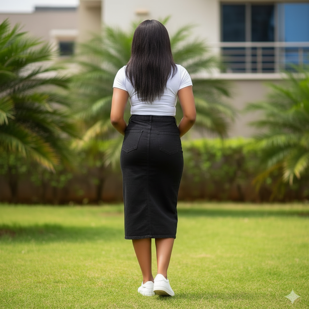 Nigerian female model wearing black midi denim pencil skirt - back view