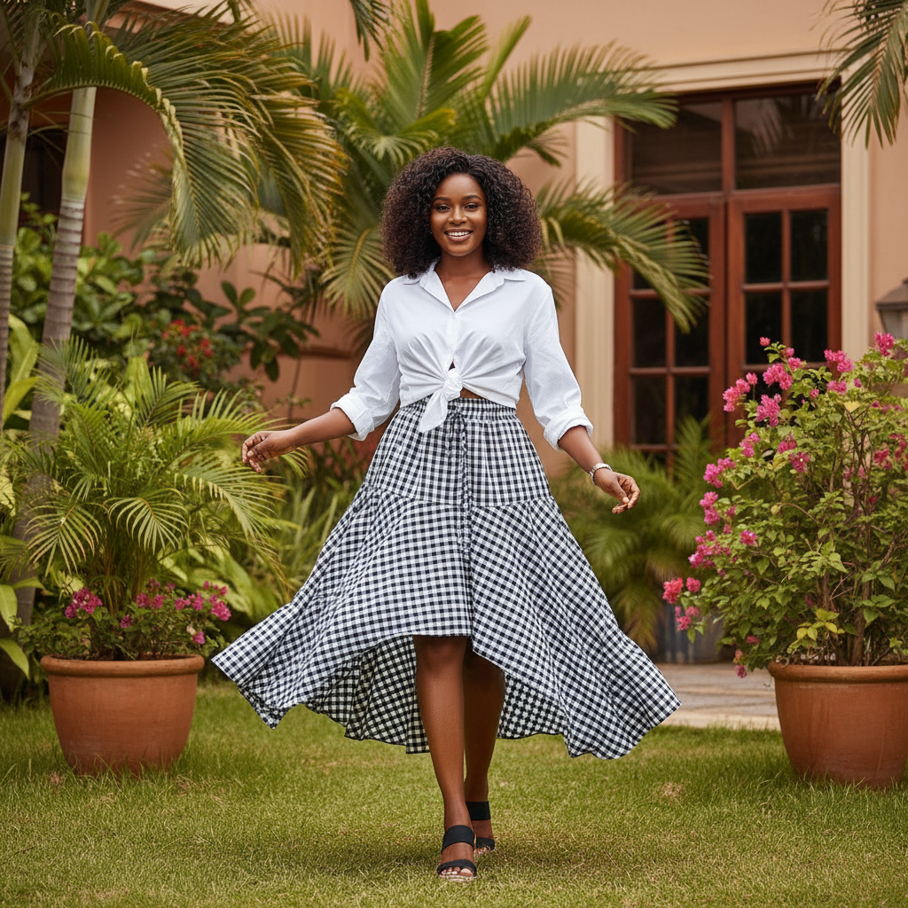 Nigerian female model wearing Women's Black & White Gingham Check Asymmetric Tiered Midi Skirt