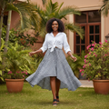Nigerian female model wearing Women's Black & White Gingham Check Asymmetric Tiered Midi Skirt