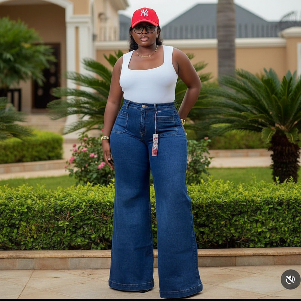 Women's dark blue high-waist wide-leg flared denim jeans - female model shot