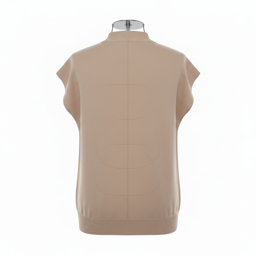 Ghost mannequin back view of beige pearl swirl embellished knit top