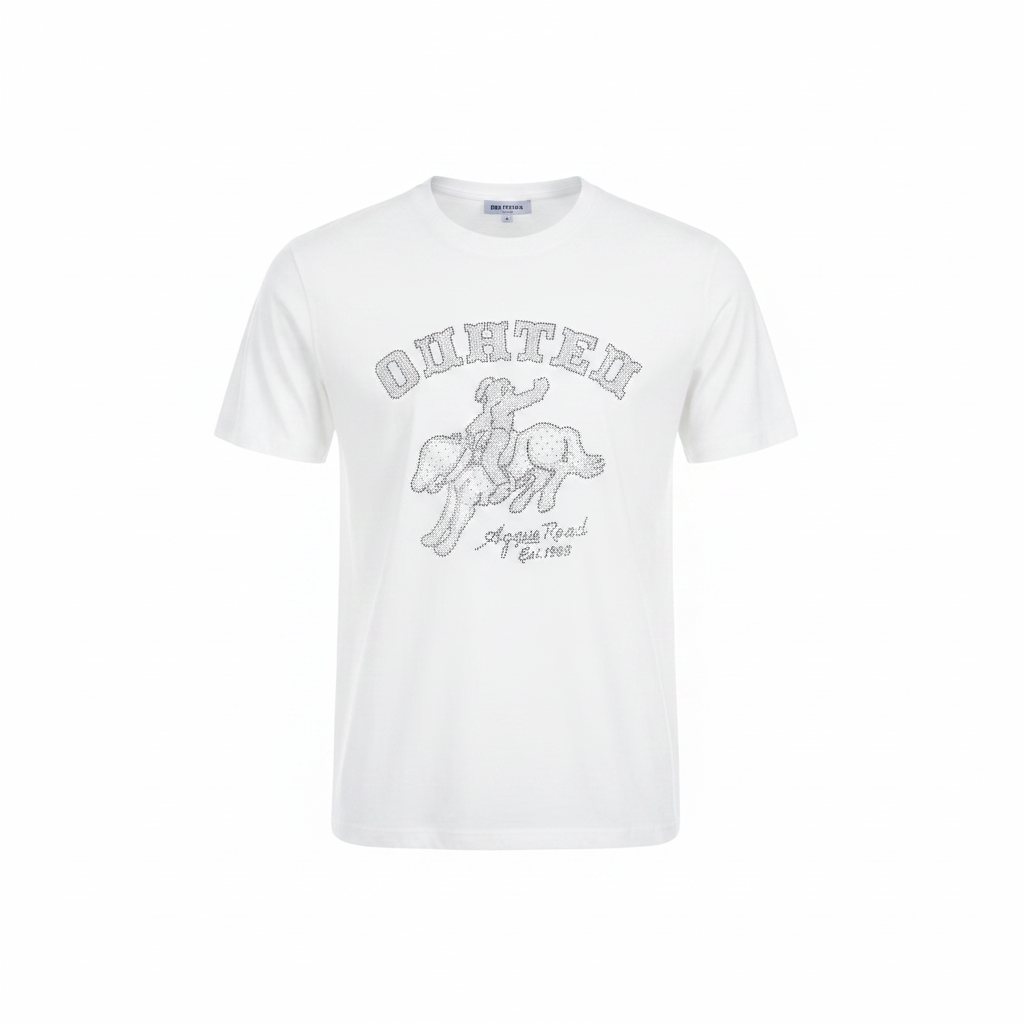 Ghost mannequin front view of white rhinestone collegiate skeleton tee