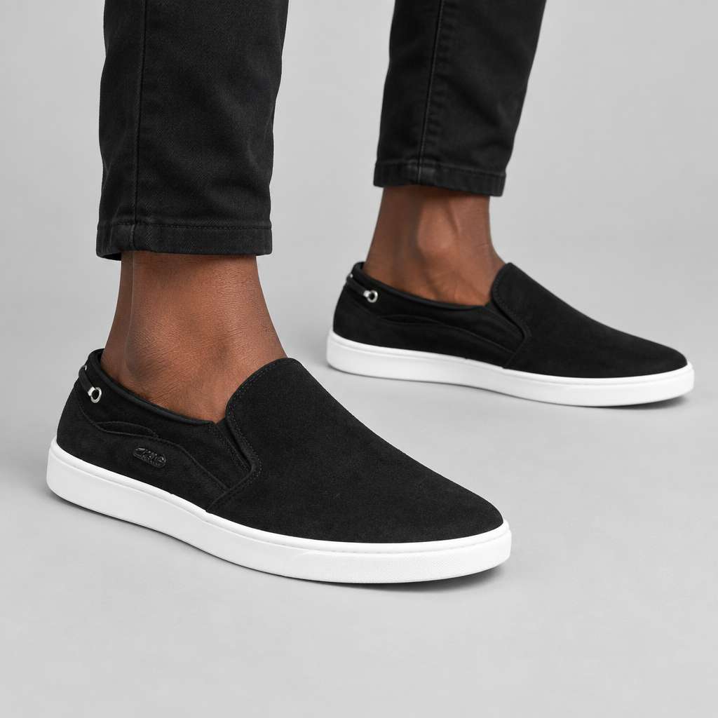 Black Suede Slip-On Sneaker with Eyelet Detail – Model Shot