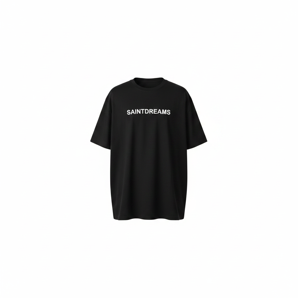 Unisex black Saintdreams faith graphic oversized tee – ghost mannequin front view