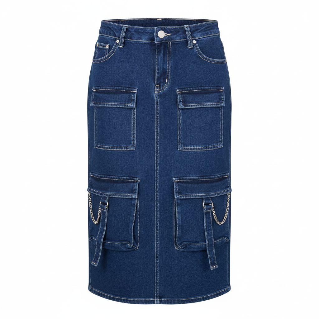 Ghost Mannequin – Royal Blue Multi-Pocket Cargo Denim Midi Skirt