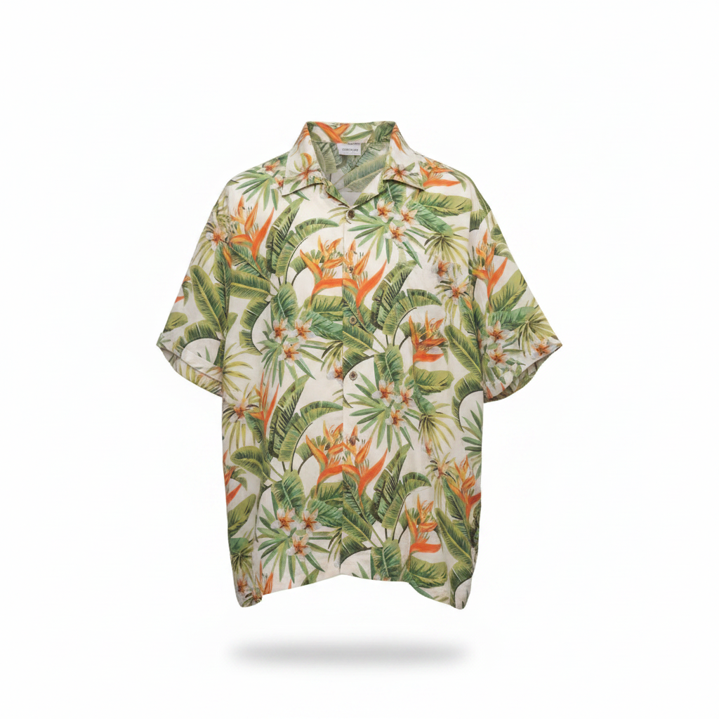 Ghost mannequin view of tropical floral print camp collar shirt in cream, green and orange