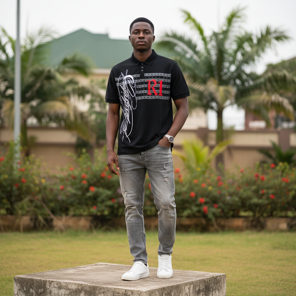 Men's Black Star-Stripe Graphic Polo Shirt – Nigerian Male Model Shot