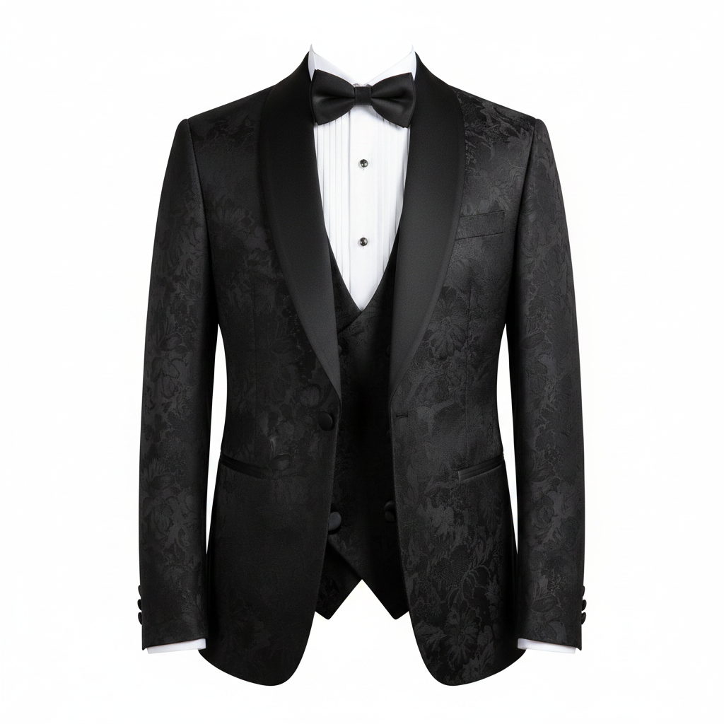 Ghost mannequin front view of black floral jacquard tuxedo blazer with peak lapels