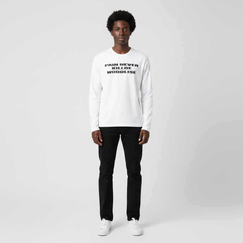 Man wearing the white bold slogan long sleeve tee