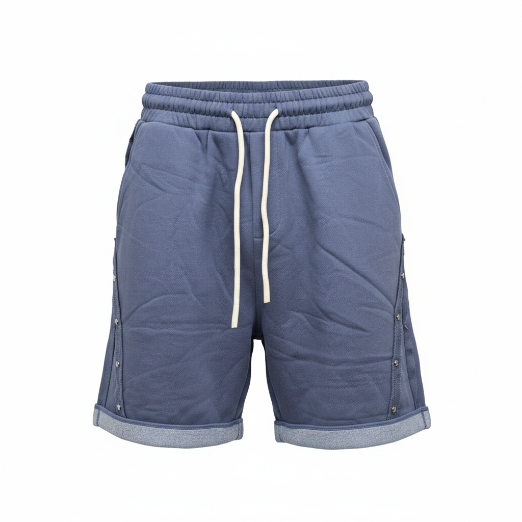 Men's muted indigo snap-detail distressed sweat shorts — ghost mannequin front view