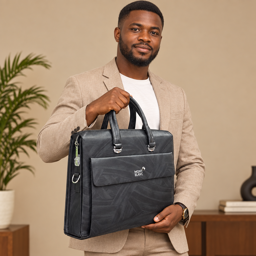 Adult model holding a charcoal patterned top-handle bag