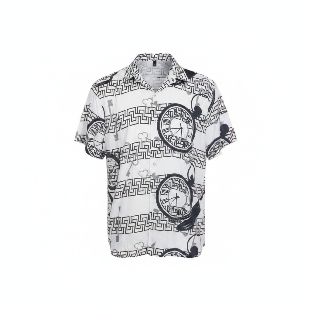 White Clock & Maze Print Short-Sleeved Shirt - Ghost Mannequin Front