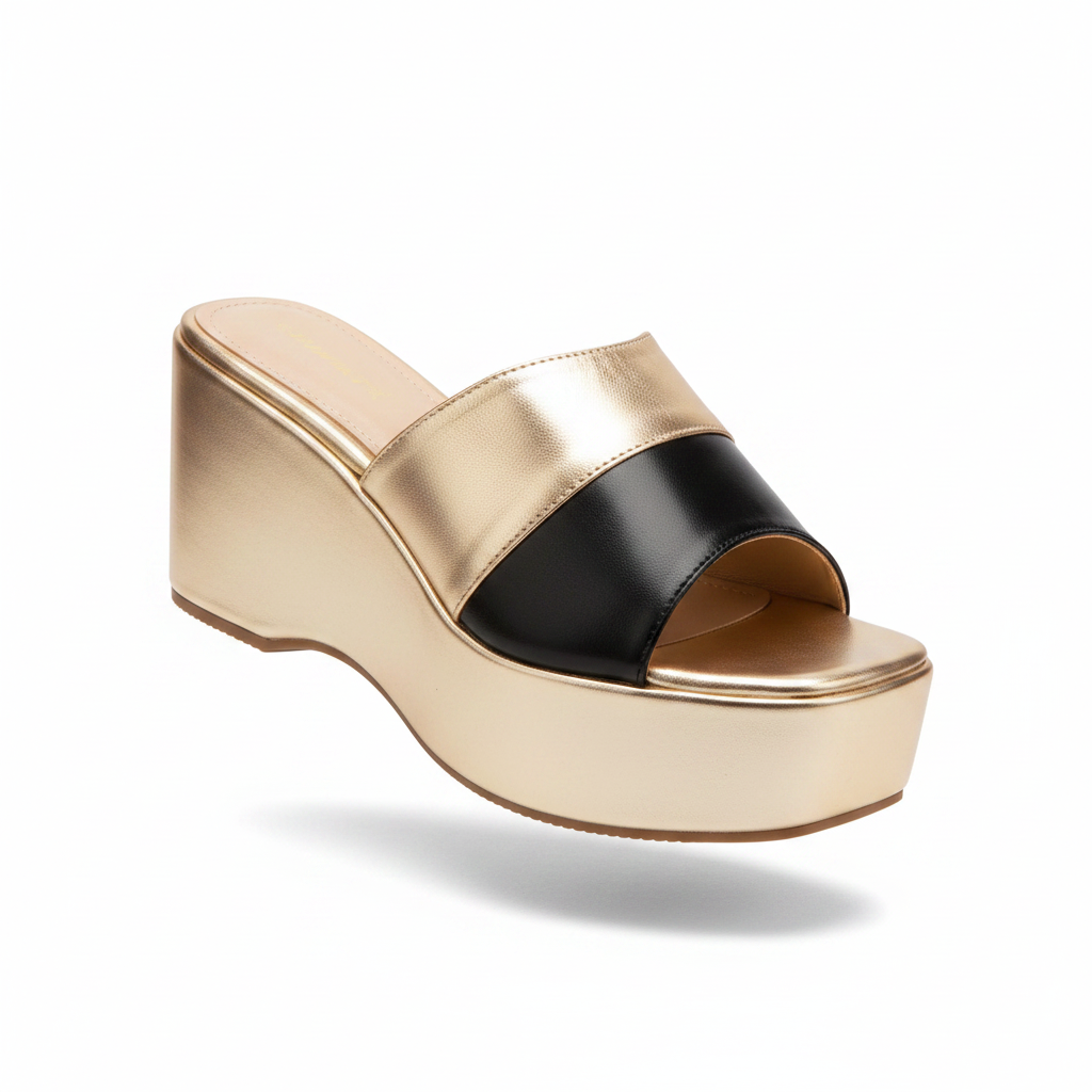 Women's Colour-Block Wedge Mule - Gold Black Gold Sole