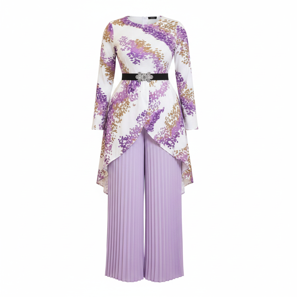 Women's purple floral print asymmetric top and lilac pleated trousers co-ord set ghost mannequin