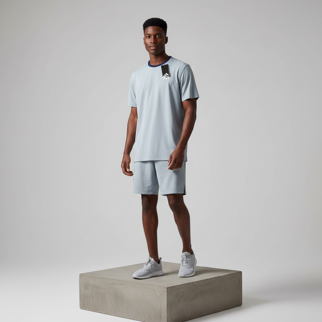 Ice Blue Navy Trim Athletic T-Shirt - Model Shot