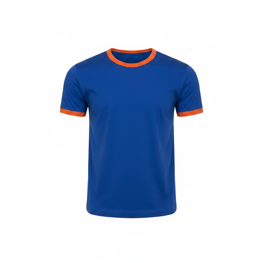 Men's royal blue ringer crew-neck t-shirt with orange contrast trim on neckline and cuffs, ghost mannequin front view