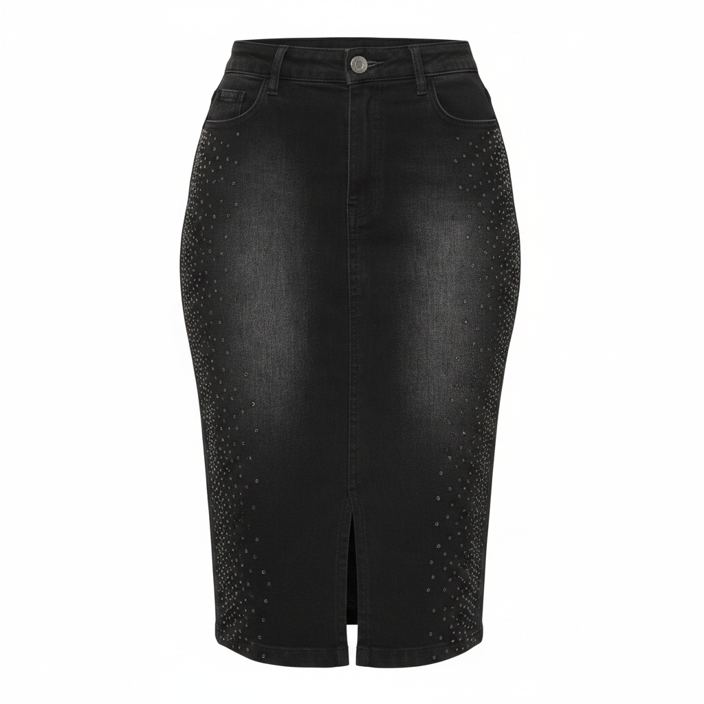 Black Rhinestone Midi Denim Skirt – Front Ghost Mannequin