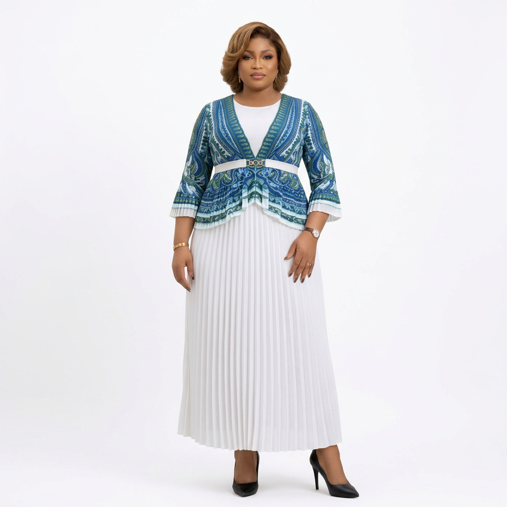 Black adult model wearing a blue patterned top and white pleated maxi skirt
