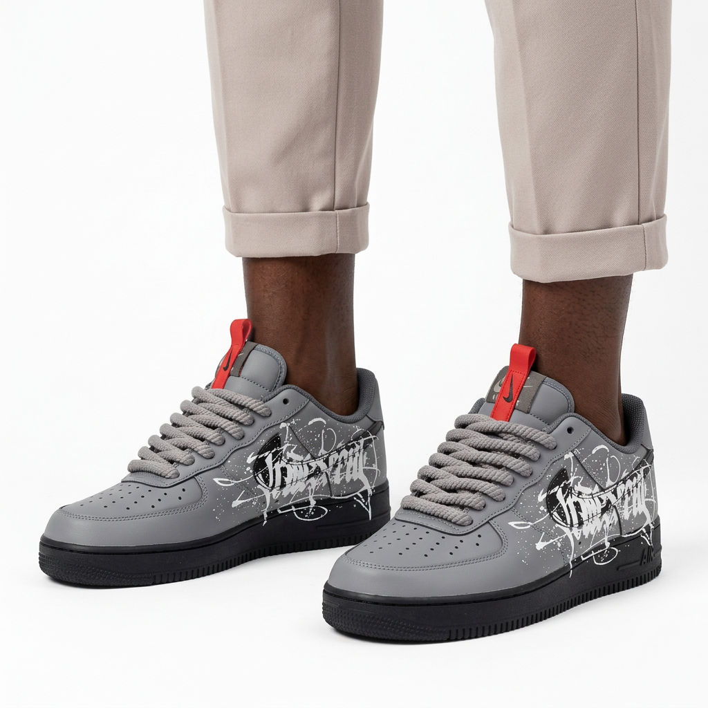 Men's grey graphic rope-lace sneakers worn on both feet