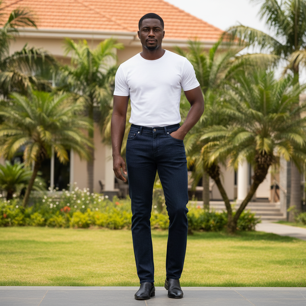 Nigerian male model wearing dark blue jeans in outdoor setting