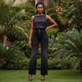 Black Rhinestone Wide-Leg Denim Jeans - Model Front View