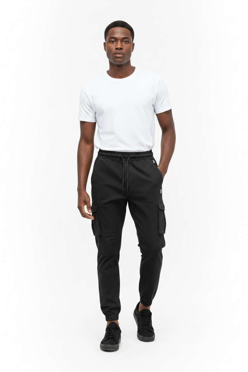 African male model wearing black cargo jogger pants with white t-shirt