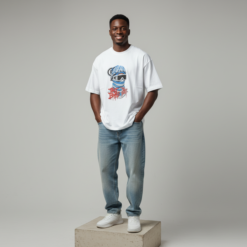White BBS The Last Beat Graphic Oversized Tee - Male Model Front