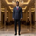 Young Nigerian male model wearing dark navy charcoal pinstripe double-breasted suit full body square