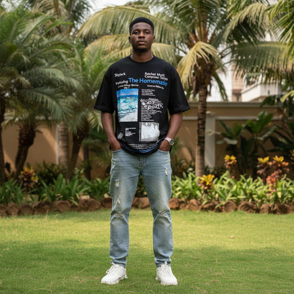 Nigerian male model wearing black editorial all-over print graphic tee – front view