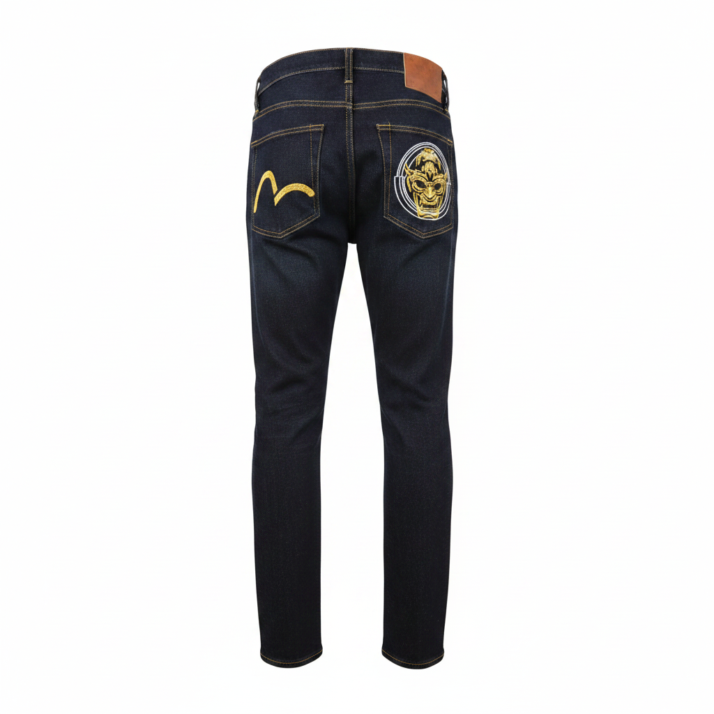 Evisu Embroidered Deity Slim Indigo Denim Jeans - Back View