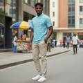 Young Nigerian male model wearing aqua tonal floral print polo shirt