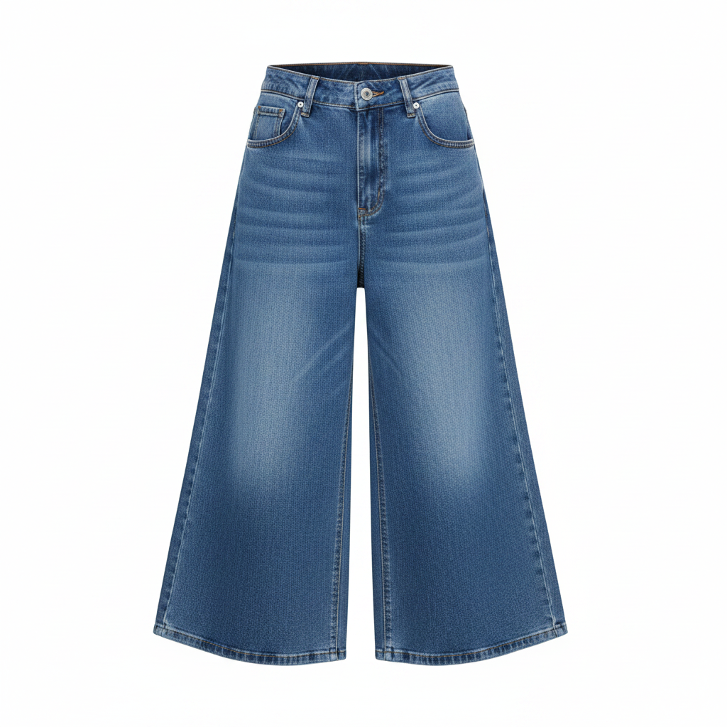 Girls' high-waist blue wash wide-leg denim culottes — ghost mannequin view