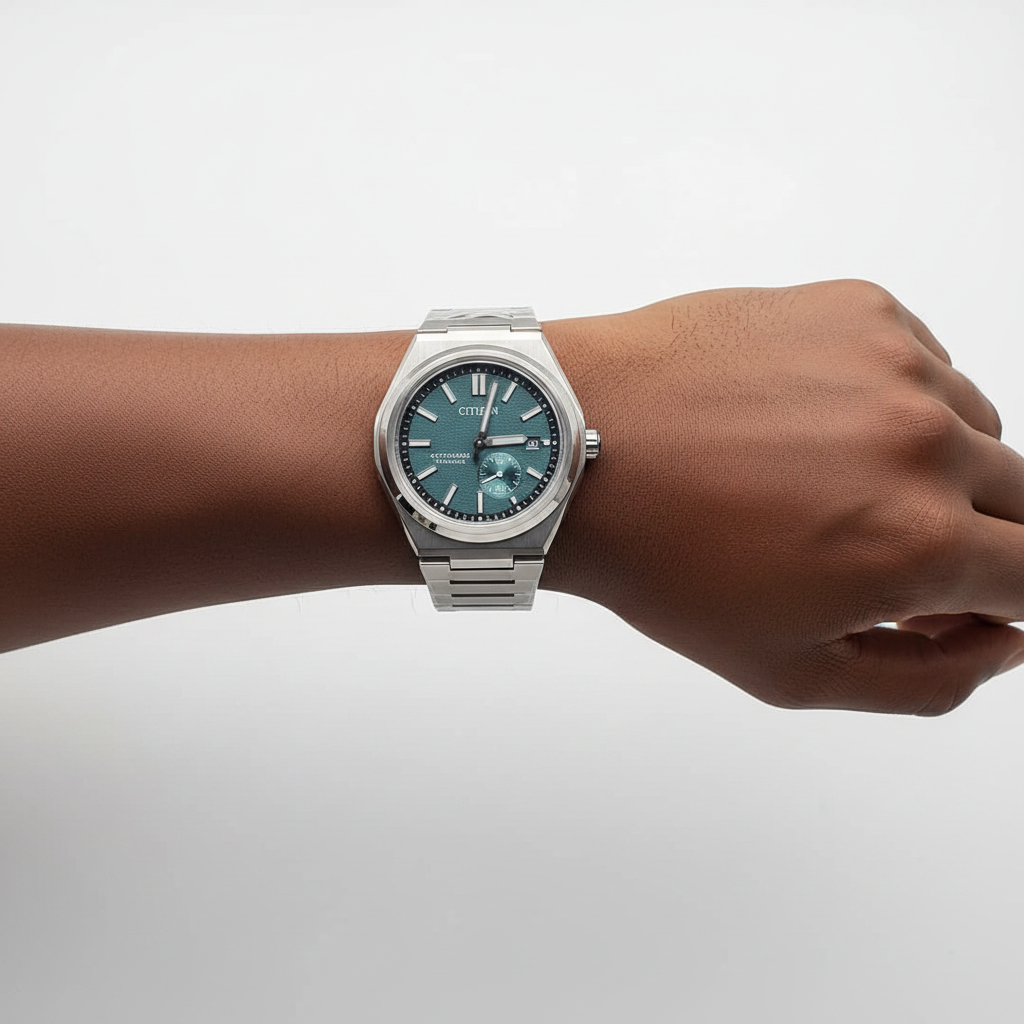 Nigerian male model wrist shot side-facing wearing slate teal dial automatic titanium watch