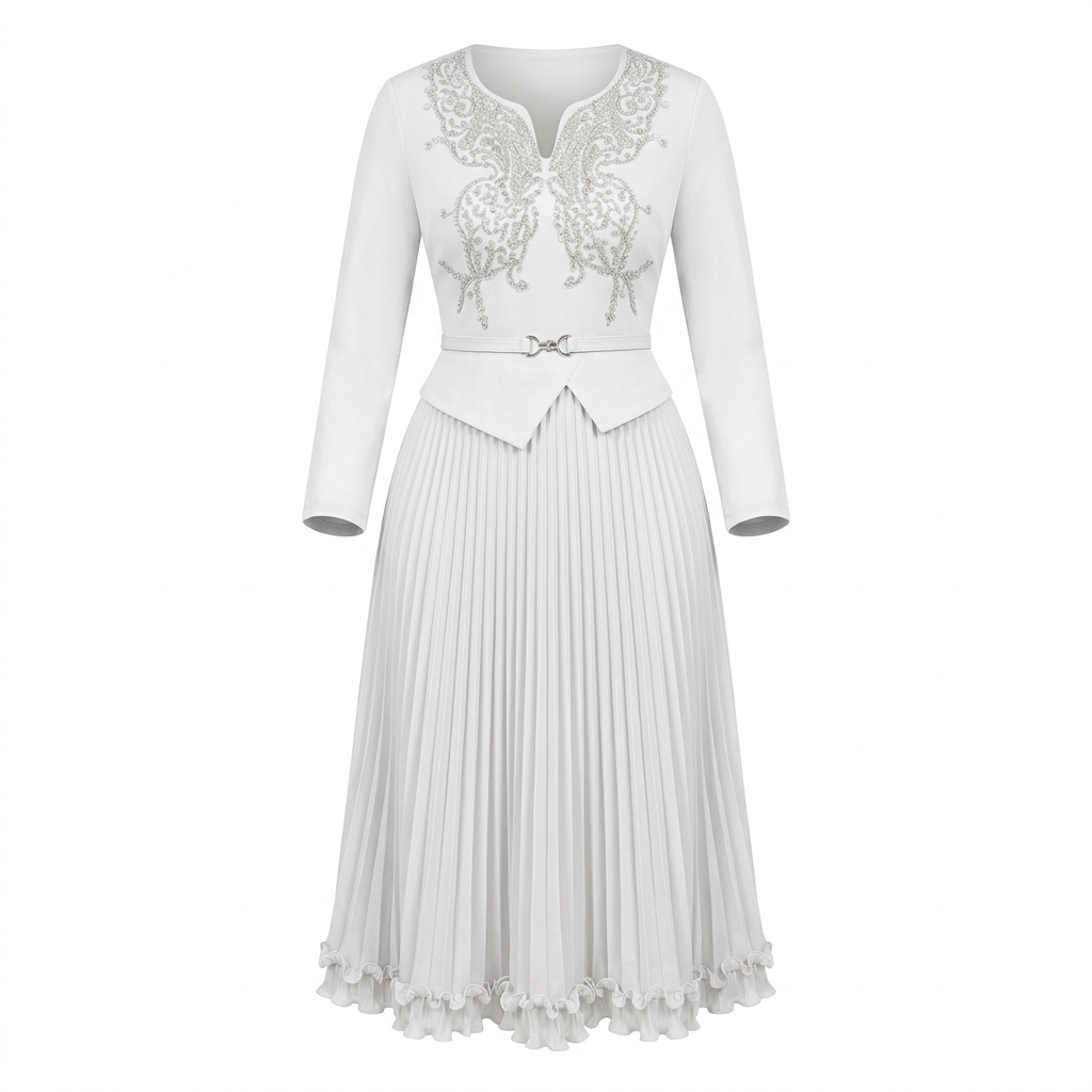 White silver-detail long-sleeve pleated midi gown on an invisible mannequin