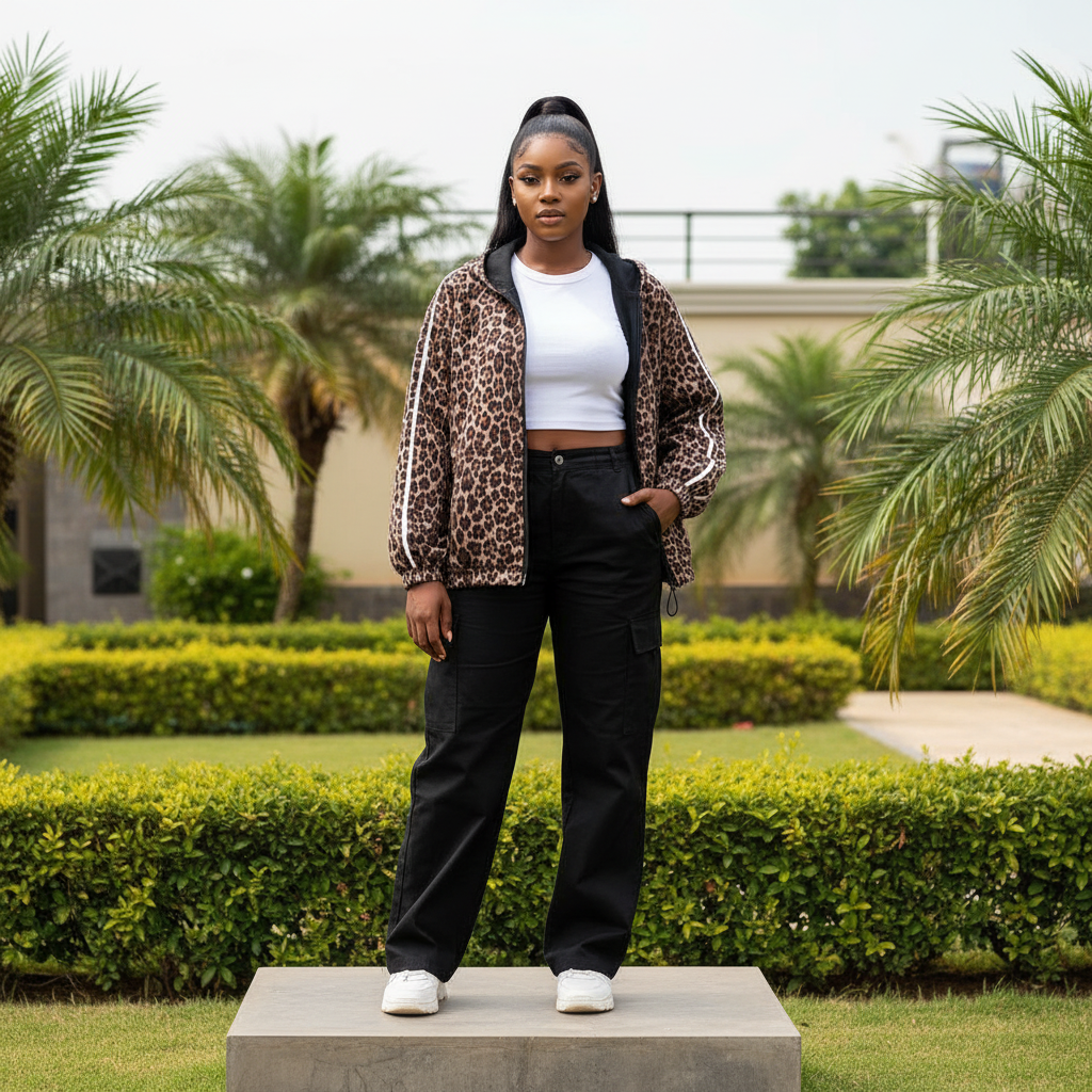 Leopard Print Oversized Zip-Up Hoodie Jacket – Nigerian Female Model