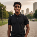 Black Shoulder Stripe Polo Shirt on Nigerian male model