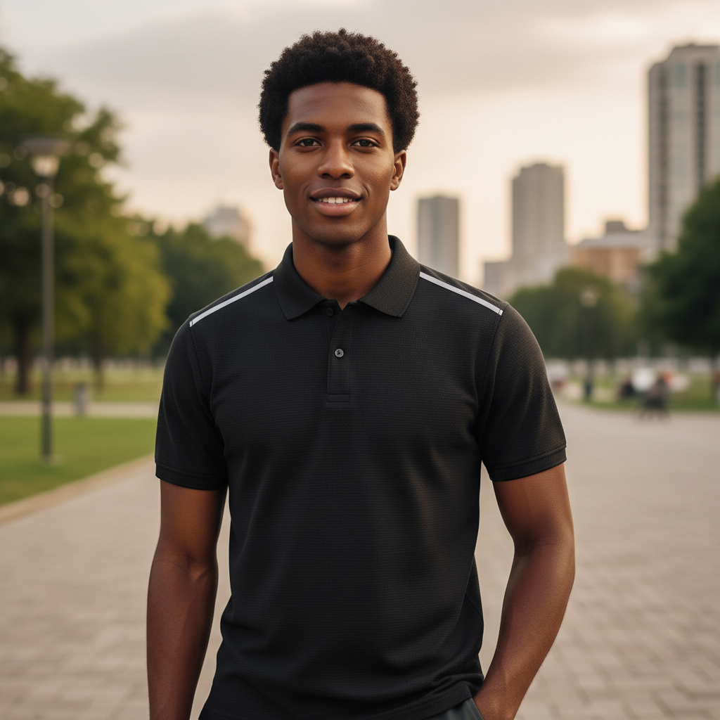 Black Shoulder Stripe Polo Shirt on Nigerian male model