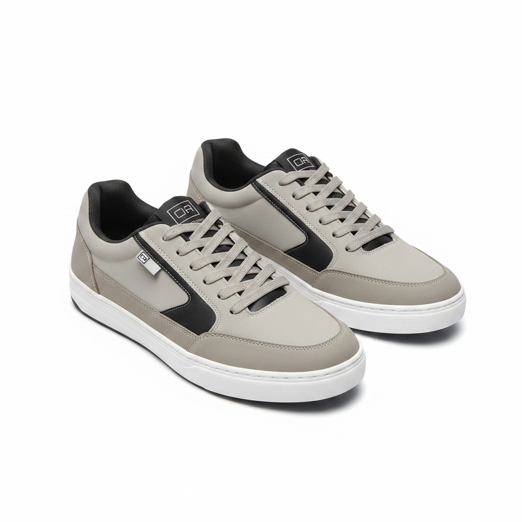 Men's cool grey and black low-top court sneakers ghost mannequin front view
