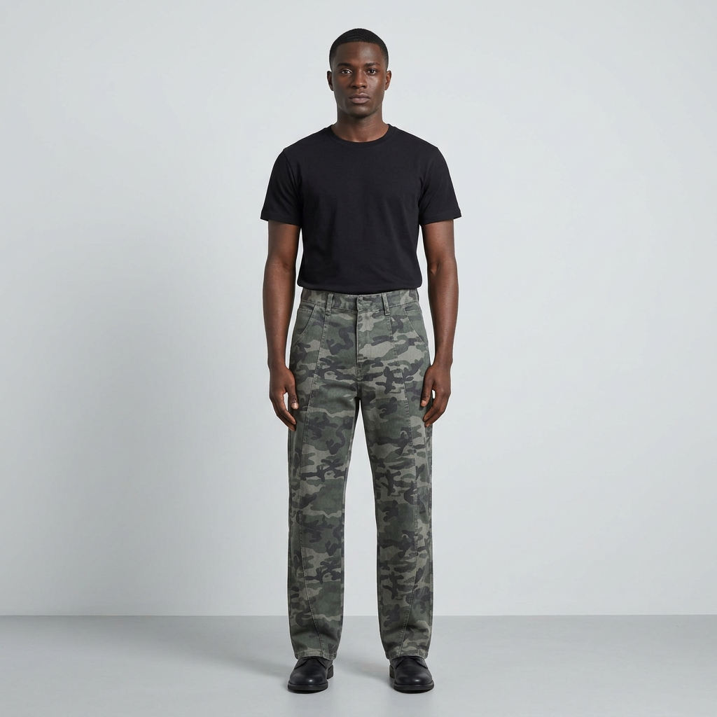 Full-body male model wearing green and grey camouflage trousers