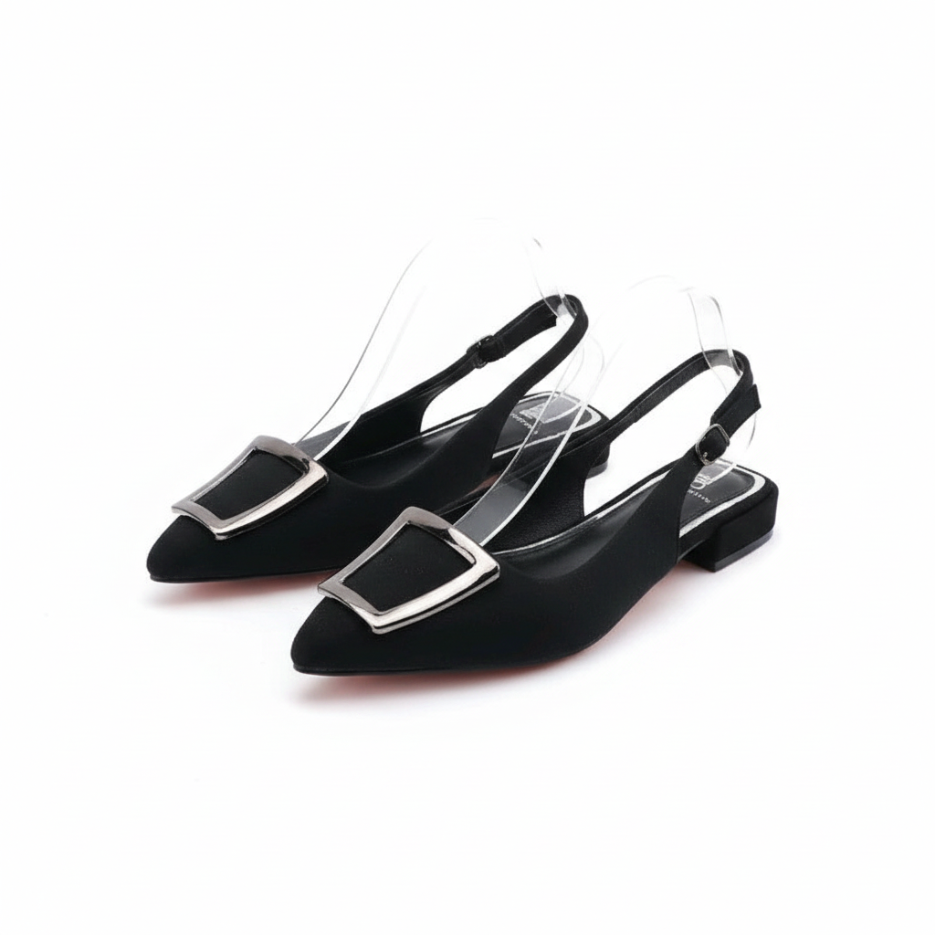 Women's black suede pointed-toe slingback flat with silver buckle - ghost mannequin