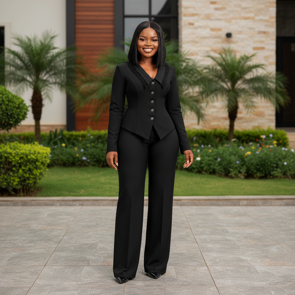 Nigerian female model wearing black beaded lapel blazer and wide-leg trouser suit set — full body shot