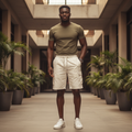 Off-white cargo combat shorts worn by male model