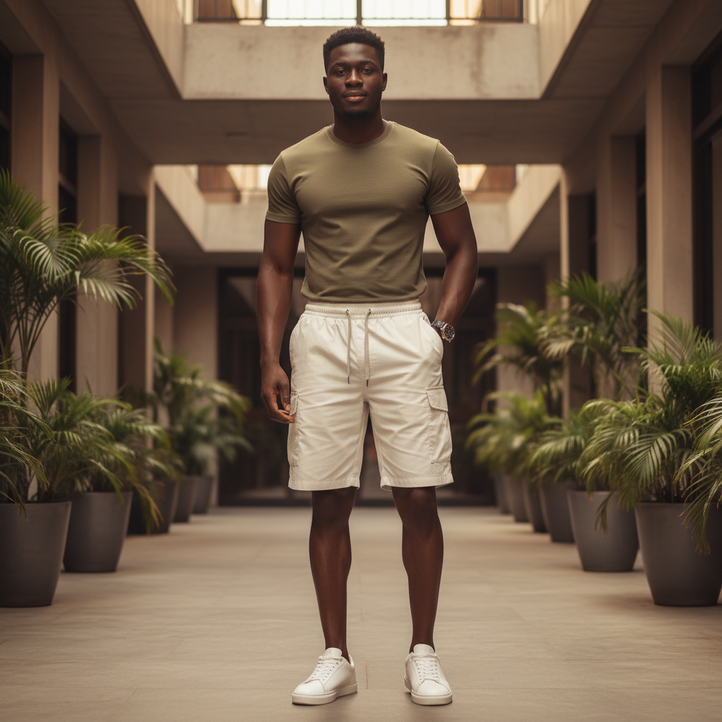Off-white cargo combat shorts worn by male model