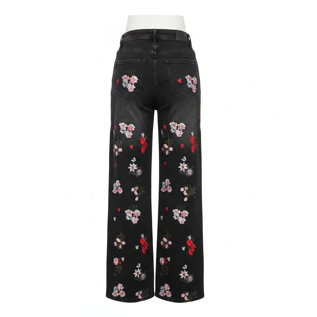 Black Floral Embroidered Wide-Leg Jeans - Ghost Mannequin Back