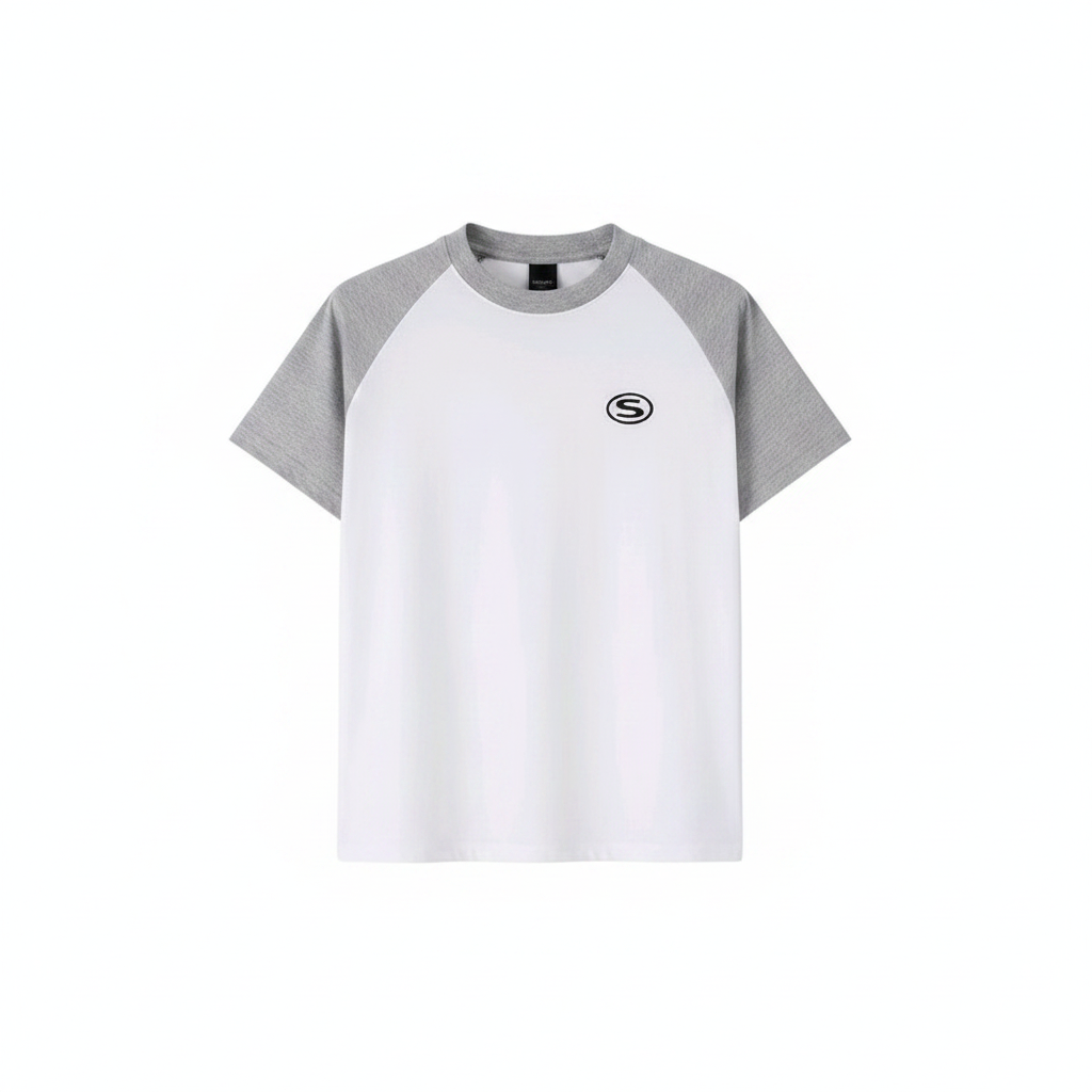 Men's White Grey Raglan Short Sleeve T-Shirt - Ghost Mannequin Front View