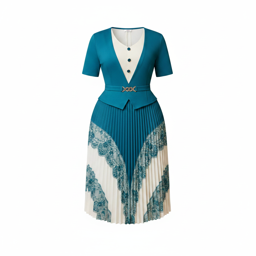 Ghost mannequin view of women's teal blue lace panel peplum pleated midi two-piece set